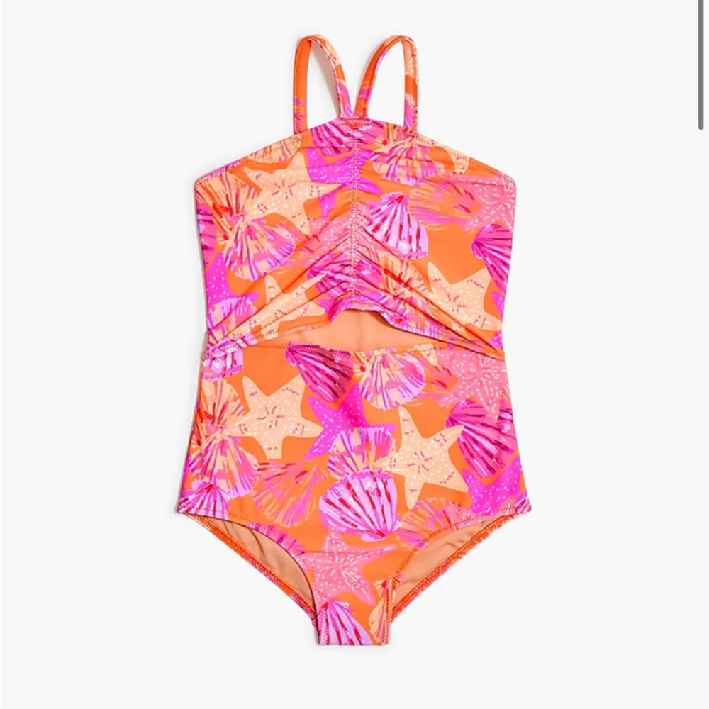 NWT Crewcuts Girls One Piece Swimsuit 4/5 Pink Orange Shell Print UPF 50+
